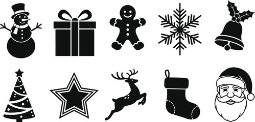 Naklejka premium Set of Christmas and Holiday Decoration Icons. Festive symbols including Christmas trees, Santa Claus, gifts, and winter elements. 