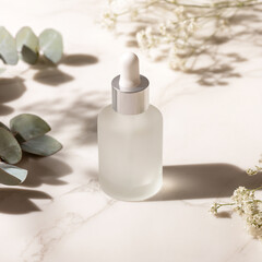 Luxurious Skincare Serum on Polished Marble, Surrounded by Lush Greenery for Visual Appeal