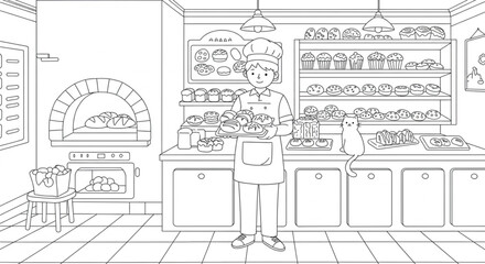 Fototapeta premium Charming Black and White Illustration of a Baker in a Cozy Bakery