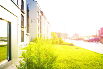 Modern Front Yard. Lawn at entrance of residential building block. Landscaping for urban spaces....