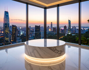 Modern Penthouse Dusk Skyline View Polished Onyx Podium and Panoramic Cityscape