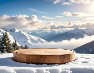Scenic Winter Mountaintop Polished Wooden Podium Display