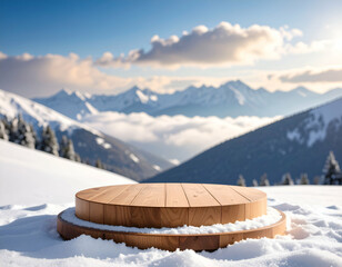 Serene Winter Mountaintop Polished Wooden Podium in Snowy Landscape