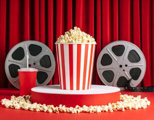 Cinema Night Popcorn Podium with Movie Reels and Red Curtains