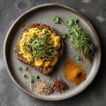 Multigrain toast with golden pumpkin mousse and microgreens, surrounded by herbs