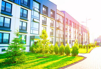 Modern Front Yard. Lawn at entrance of residential building block. Landscaping for urban spaces....