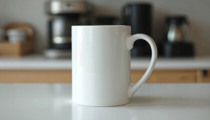 White coffee mug on kitchen counter. Simple blank design for drink branding mock-up. Morning breakfast beverage. Hot tea or coffee in modern home interior design with smooth surface.