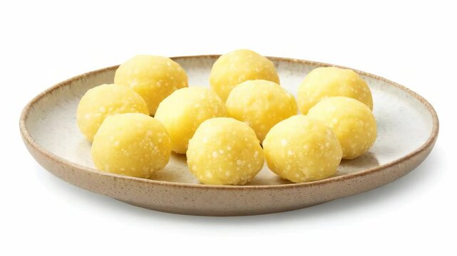 A close-up view of round, yellow balls on a white plate, possibly pastries or snacks, served neatly for bite-sized portions.