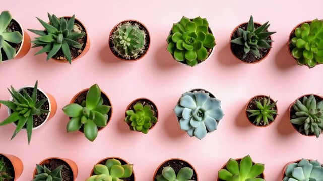 Succulents and cacti plants arranged on a pink backdrop in small pots from a top-down view, showcasing their diverse colors and textures.
