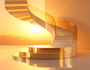 Golden Spiral Staircase A Reflective Podium in Warm Light
