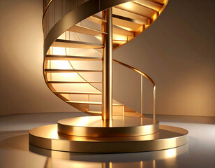 Golden Spiral Staircase A Reflective Podium in Warm Light