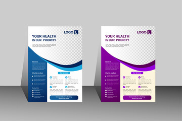 Medical Flyer Template: Two professional medical flyer templates, one in blue and one in purple, feature modern designs and space for essential healthcare information.