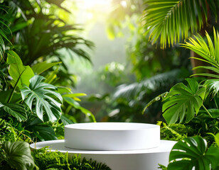 Serene Resin Podium in Lush Indoor Botanical Garden Exotic Plants and Tranquil Ambiance