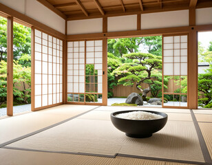 Serene Minimalist Japanese Room Rice Bowl Podium, Bonsai, and Tranquil Garden View