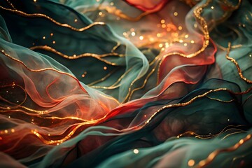Flowing fabric waves with golden threads abstract draped