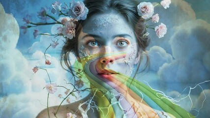 Softly glowing rainbow ribbon entering from left sparking woman experiencing change in cloud realm - Powered by Adobe