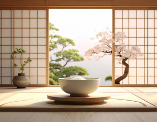 Minimalist Japanese Home Interior Rice Bowl, Bonsai, and Tranquil View