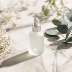 A beautiful serum bottle with a dropper showcased on a luxurious marble surface