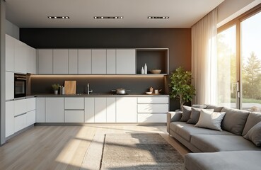 Modern kitchen living room interior design with furniture, sofa, carpet, plant. Sunlight from window. Contemporary apartment home accommodation concept.