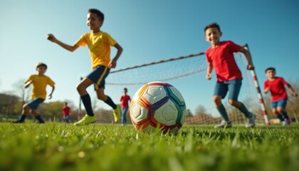 Group of kids play soccer in park on green grass. Happy children running, kicking ball, having fun during summer game. Little footballers in action during outdoor sport activity. Healthy lifestyle.