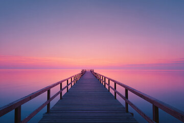 Obraz premium Tranquil sunset over serene lake pier at dusk scenic photography calm waters wide angle view nature's beauty
