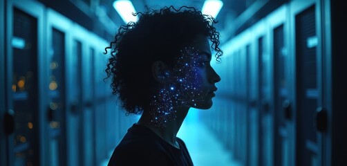 Silhouette tech entrepreneur with digital neural network overlay in futuristic data center. Woman profile with AI integration, symbol of innovation tech. Digital transformation, modern business,