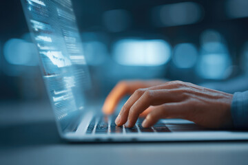 Typing on a laptop in a modern office digital work environment close-up view focus on technology and productivity