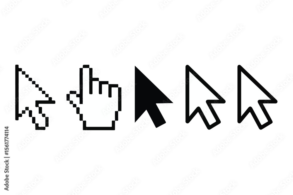 Fototapete Collection of pixelated and smooth arrow and hand cursor icons silhouette isolated on white background