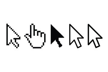 Collection of pixelated and smooth mouse cursor icons silhouette isolated on white background