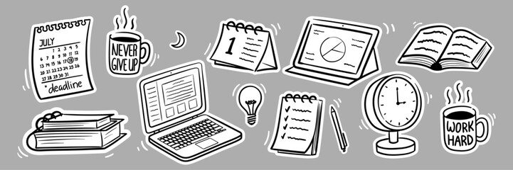 Work or school themed hand drawn style doodle vector illustration set