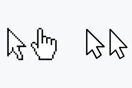 Pixelated and smooth cursor icons with hand pointer silhouette isolated on white background