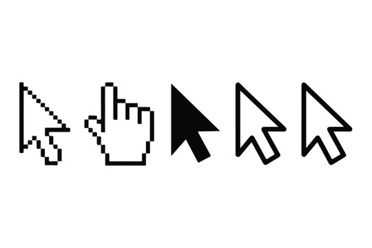 Collection of pixelated and smooth arrow and hand cursor icons silhouette isolated on white background