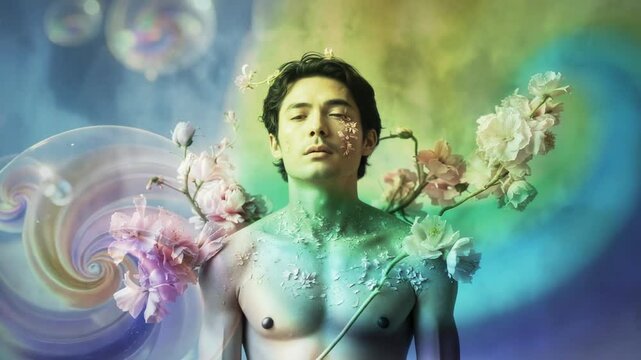 Revealing Asian male model blooming roses on shoulders in studio, bubbles spiraling around him