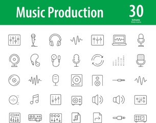 Music Production Line Icons, Audio Mixer, Headphones, Microphone, Sound Waves, Studio Monitor, Recording, Editing Software, and More, Editable Formats: AI, EPS, JPG, PNG, Ideal for Both Digital
