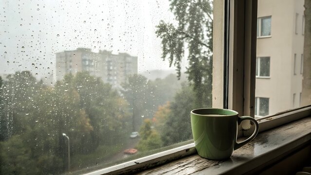 Rainy Day Window View with Green Mug and Morning Fog