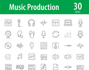 Music Production Line Icons, Audio Mixer, Headphones, Microphone, Sound Waves, Studio Monitor, Recording, Editing Software, and More, Editable Formats: AI, EPS, JPG, PNG, Ideal for Both Digital