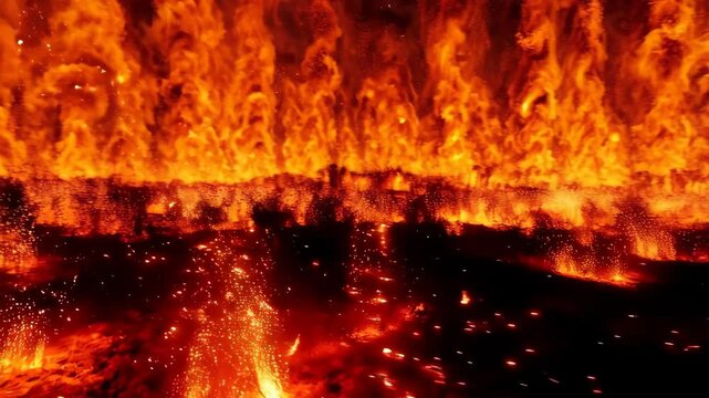 Intense flames and embers dance in fiery inferno