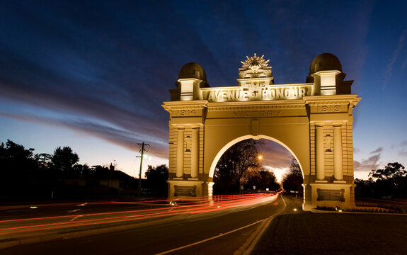 Arch of Victory and Avenue of Honour with tail light trail