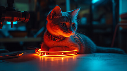 Neon Cat: A captivating kitten is adorned with a vibrant, glowing neon collar. This image brings together a blend of technology and the timeless allure of an feline companion.