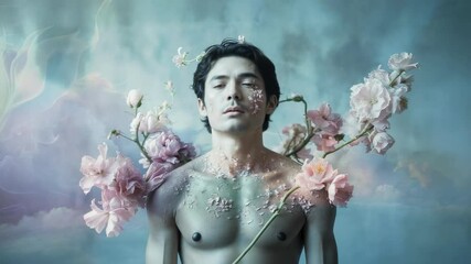 Asian model opening eyes revealing blooming petals on torso in studio, with rosebuds emerging - Powered by Adobe