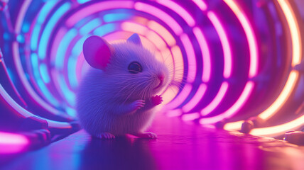 Cybernetic mouse in Tunnel: A small, adorable mouse navigates a vibrant tunnel of colored lights, it create whimsical experience of futurism