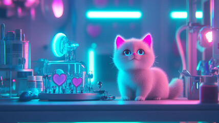 Cat Amidst Neon Laboratory: A adorable cat stands amidst laboratory equipment bathed in blue and pink neon, creating a playful yet futuristic scene.