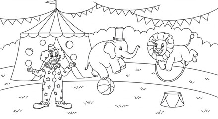 Circus Coloring Page Clown, Elephant, and Lion