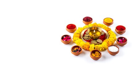 Diwali arrangement with diya, flowers, and offerings in bowls on a white background studio shot