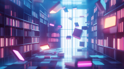 Enchanting Library: A futuristic library interior, bathed in neon hues, where books seem to float and illuminate the space, capturing a sense of wonder and limitless knowledge.
