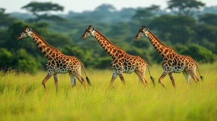 Obraz premium Three giraffes walking through tall grass in a savanna
