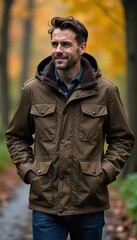 Obraz premium Durable Waxed Cotton Hunter Jacket Perfect for Fall & Winter Adventures