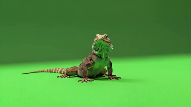 Bearded dragon sitting on green background looking up with a curious expression on its face green screen animal video