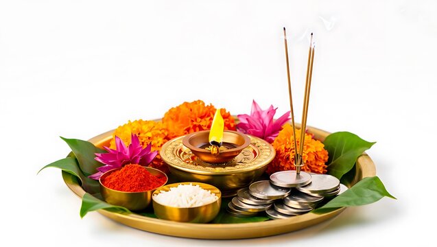 Decorative puja thali with diya flowers incense sticks kumkum rice and coins on a white background