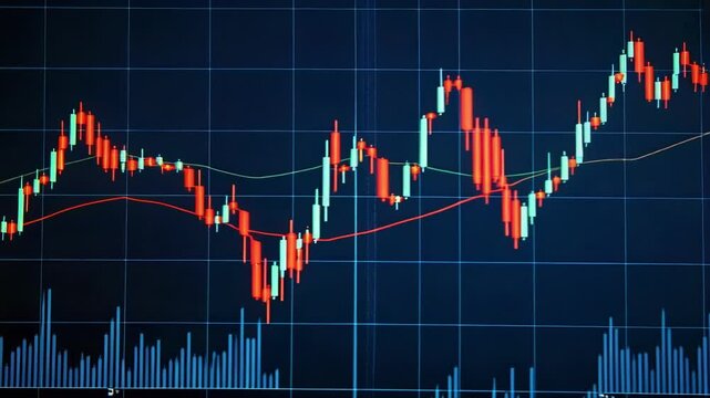 A magnifying glass focuses on a stock market chart displaying both growth and decline